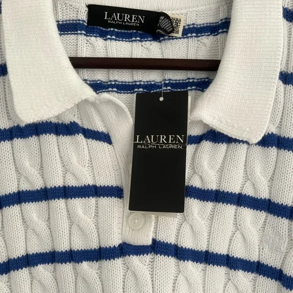 NWT Ralph Lauren White and Blue Cable Knit Polo - Picture 5 of 8